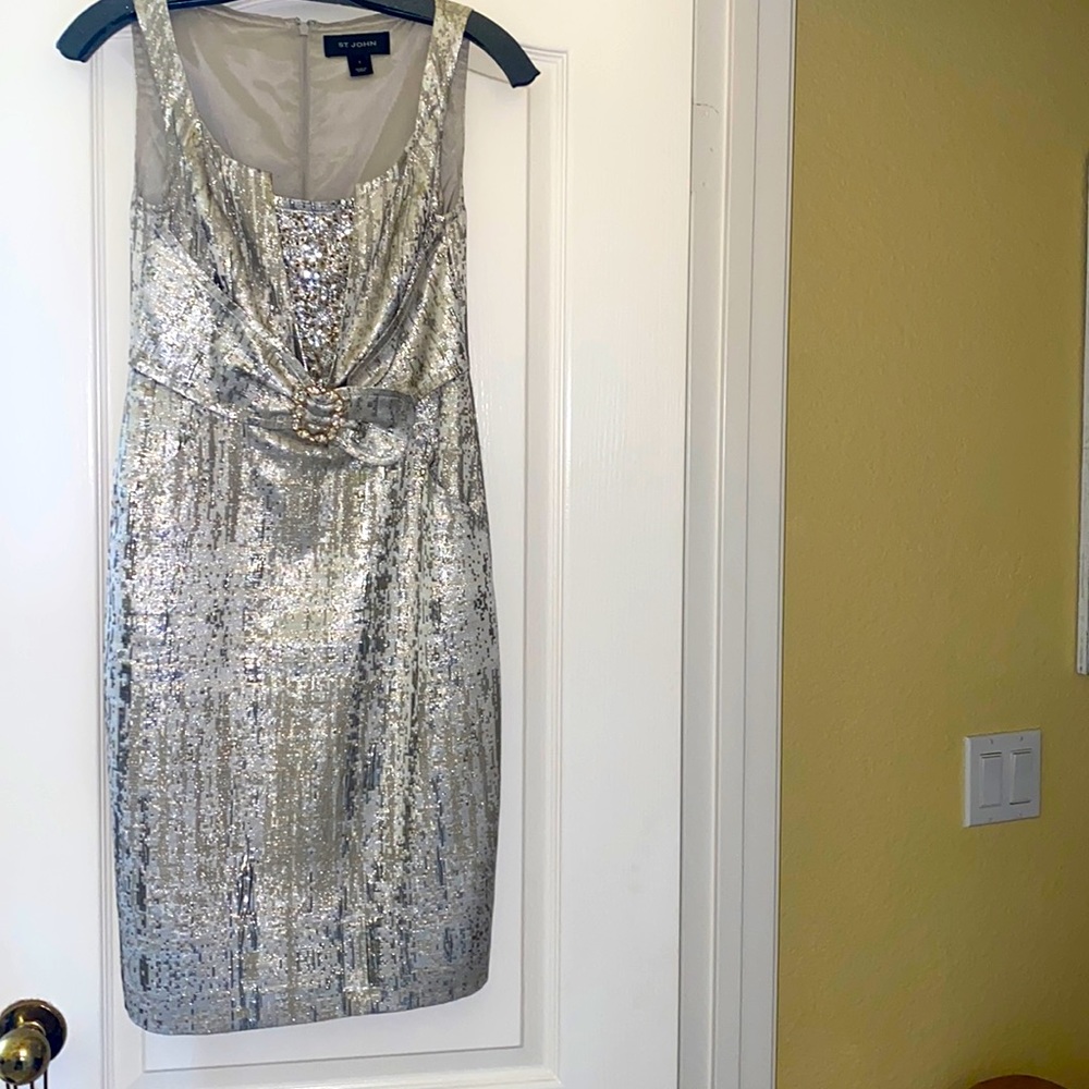 St. John color silver cocktail dress with some stones on the belt & in the front
